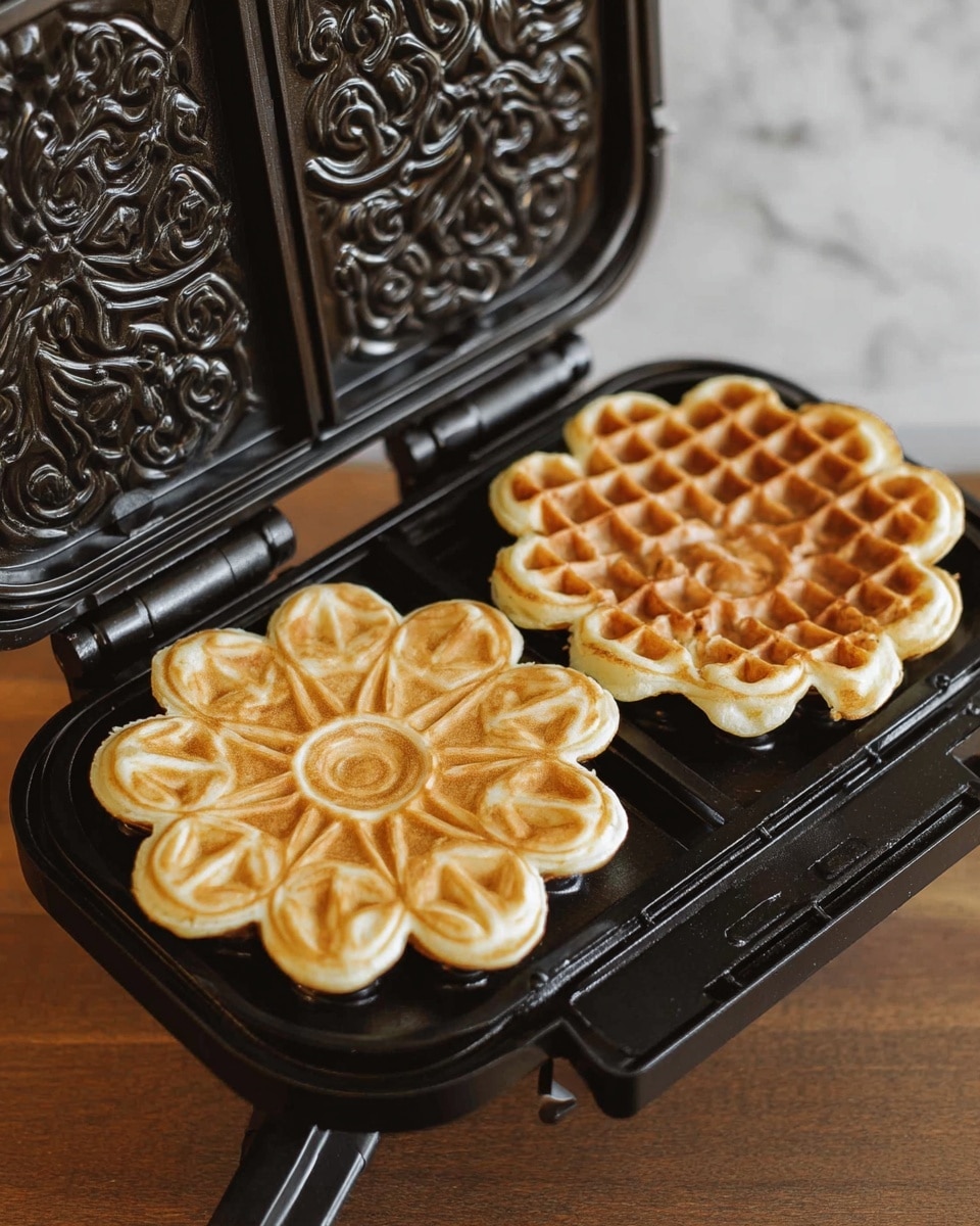 Three thin, round cookies with a light golden-brown color sit on a wooden board with a clear floral design pressed into each one, showing petal and leaf patterns. They are dusted lightly with powdered sugar that spreads softly across the cookies and board. A white cloth with black stripes is draped to the right side of the board, and the background is a white marbled texture. photo taken with an iphone --ar 4:5 --v 7