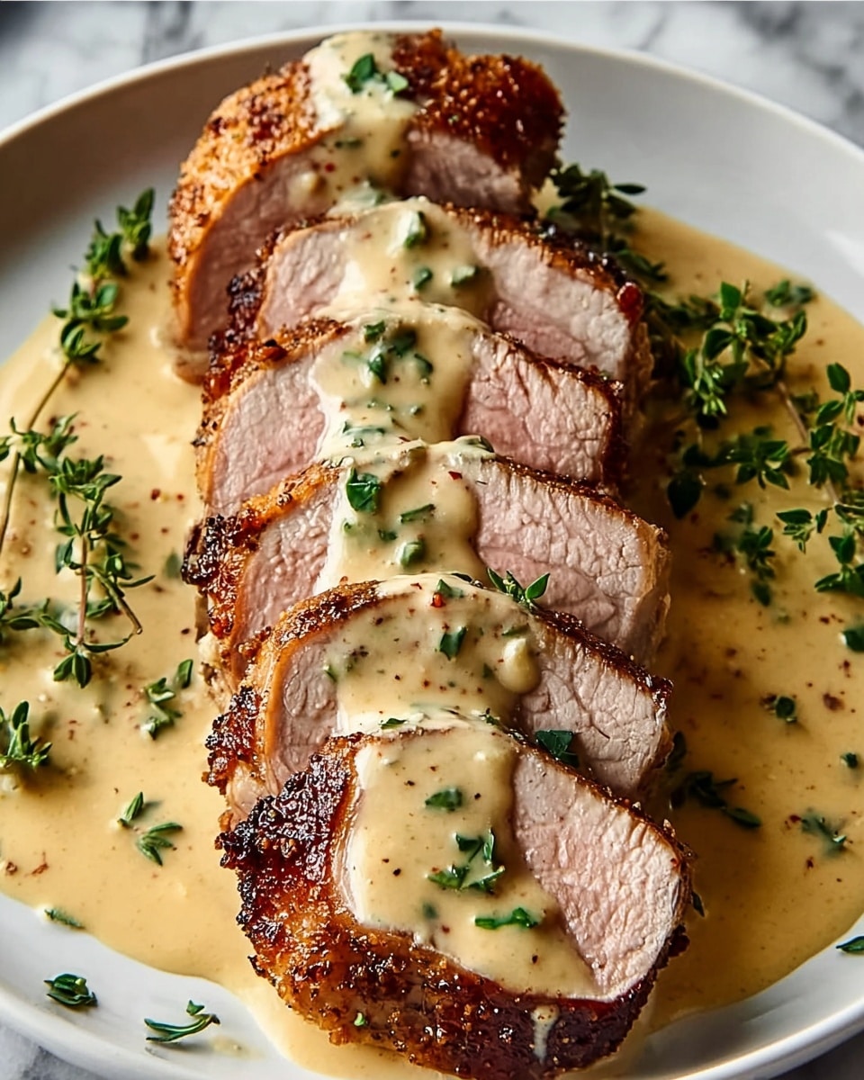 A white plate holds five thick slices of cooked pork tenderloin arranged in a line, each slice showing a medium-pink center with a browned, slightly crispy crust. A creamy beige sauce with green herb pieces is drizzled generously over the top of each slice and pools around the base on the plate. Small sprigs of fresh green herbs are scattered on the meat and sauce, adding texture and color contrast. The surface beneath the plate is a white marbled texture. photo taken with an iphone --ar 4:5 --v 7