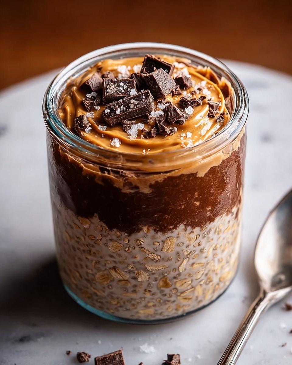 A clear glass jar filled with three visible layers: the bottom layer is light beige oats soaked in liquid, the middle layer is a smooth, dark brown chocolate mix, and the top layer is a swirl of light brown peanut butter spread unevenly. On top, there are small dark chocolate chunks and crumbs sprinkled with light-colored flaky salt. The jar is placed on a white marbled textured surface, with part of a silver spoon visible on the right side. photo taken with an iphone --ar 4:5 --v 7