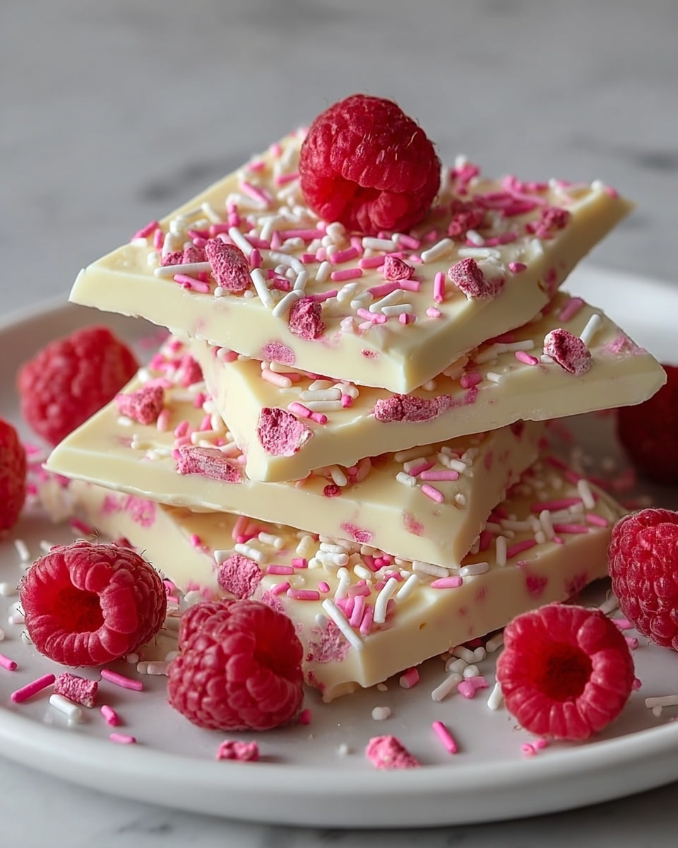 A stack of four pieces of white chocolate bark is shown on a white plate. Each piece is thick with a smooth creamy white base, topped with pink and white sprinkles scattered unevenly all over. Small chunks of freeze-dried raspberries are embedded within the chocolate, adding red specks throughout. Fresh red raspberries are placed around the stack and one raspberry sits on top, adding a bright contrast. The plate rests on a white marbled texture surface. photo taken with an iphone --ar 4:5 --v 7