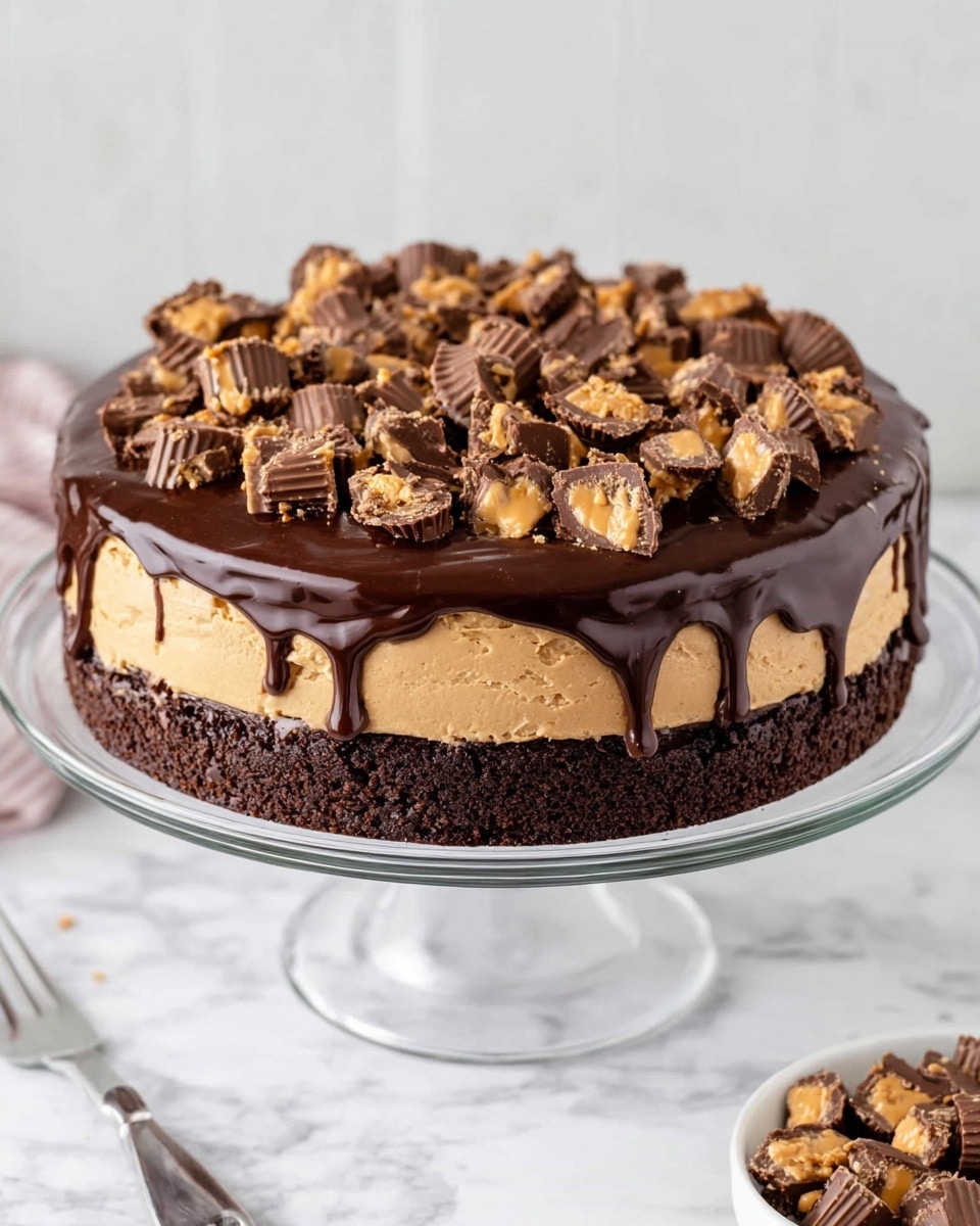 A three-layer round cake is displayed on a clear glass stand over a white marbled surface. The bottom layer is a dark brown chocolate cake base, textured and rich. Above it is a thick, smooth middle layer of peanut butter cream, light brown and creamy in appearance. The top layer is a glossy dark chocolate ganache dripping slightly over the edges. The ganache is generously topped with many small, chopped peanut butter cups scattered on the surface, giving a textured and crunchy finish. Photo taken with an iphone --ar 4:5 --v 7