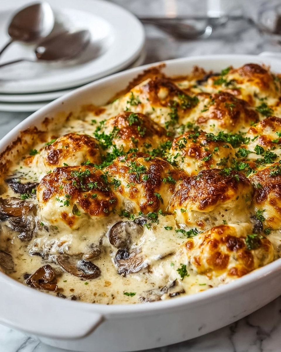 The dish is in a white oval baking dish filled with creamy, golden-browned mushroom gratin. The top layer has slices of brown mushrooms, browned melted cheese, and green herb sprinkles, evenly spread on a creamy white sauce base. The surface of the cheese is lightly browned and bubbly, giving texture and color contrast. The edges show a slightly crunchy golden crust. The dish rests on a white marbled surface with a gray textured cloth partially visible to the left. photo taken with an iphone --ar 4:5 --v 7
