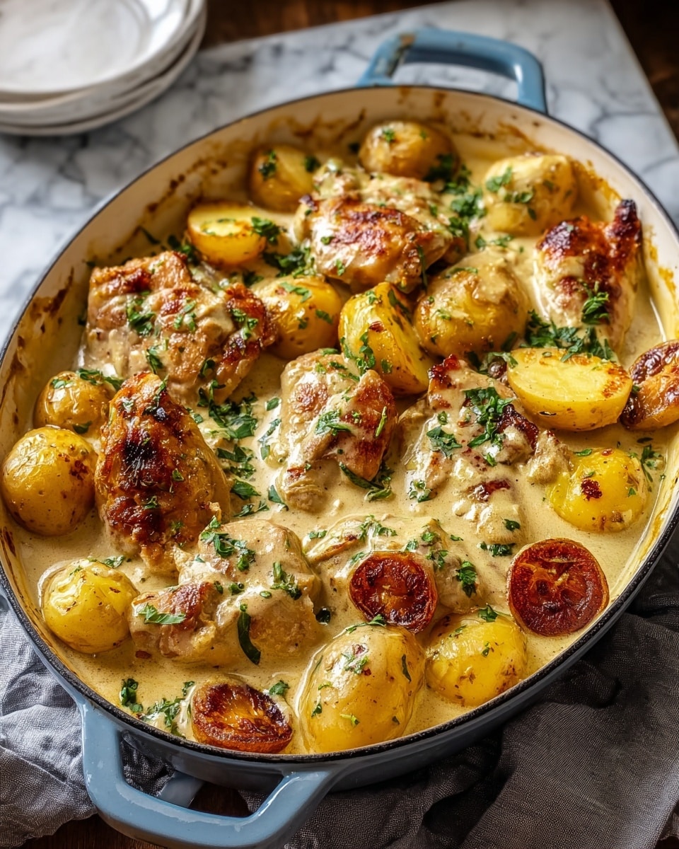 A white pan filled with creamy sauce covering layers of browned chicken pieces and halved baby potatoes in golden yellow and reddish colors, with fresh green herbs sprinkled on top, the pan sits on a gray cloth with a white marbled surface in the background. photo taken with an iphone --ar 4:5 --v 7
