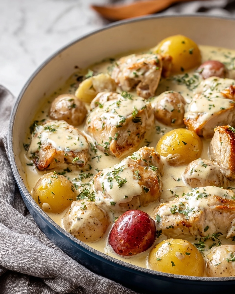 A close-up view of a white pan filled with a creamy dish containing cooked chicken pieces and golden baby potatoes. The chicken pieces, browned lightly on the surface, sit nested among halved and whole golden and red-skinned potatoes. All are coated with a thick, creamy white sauce speckled with finely chopped green herbs. The texture looks smooth and velvety, with some pieces partially submerged in the sauce. The pan rests on a soft grey cloth, set on a white marbled surface. photo taken with an iphone --ar 4:5 --v 7