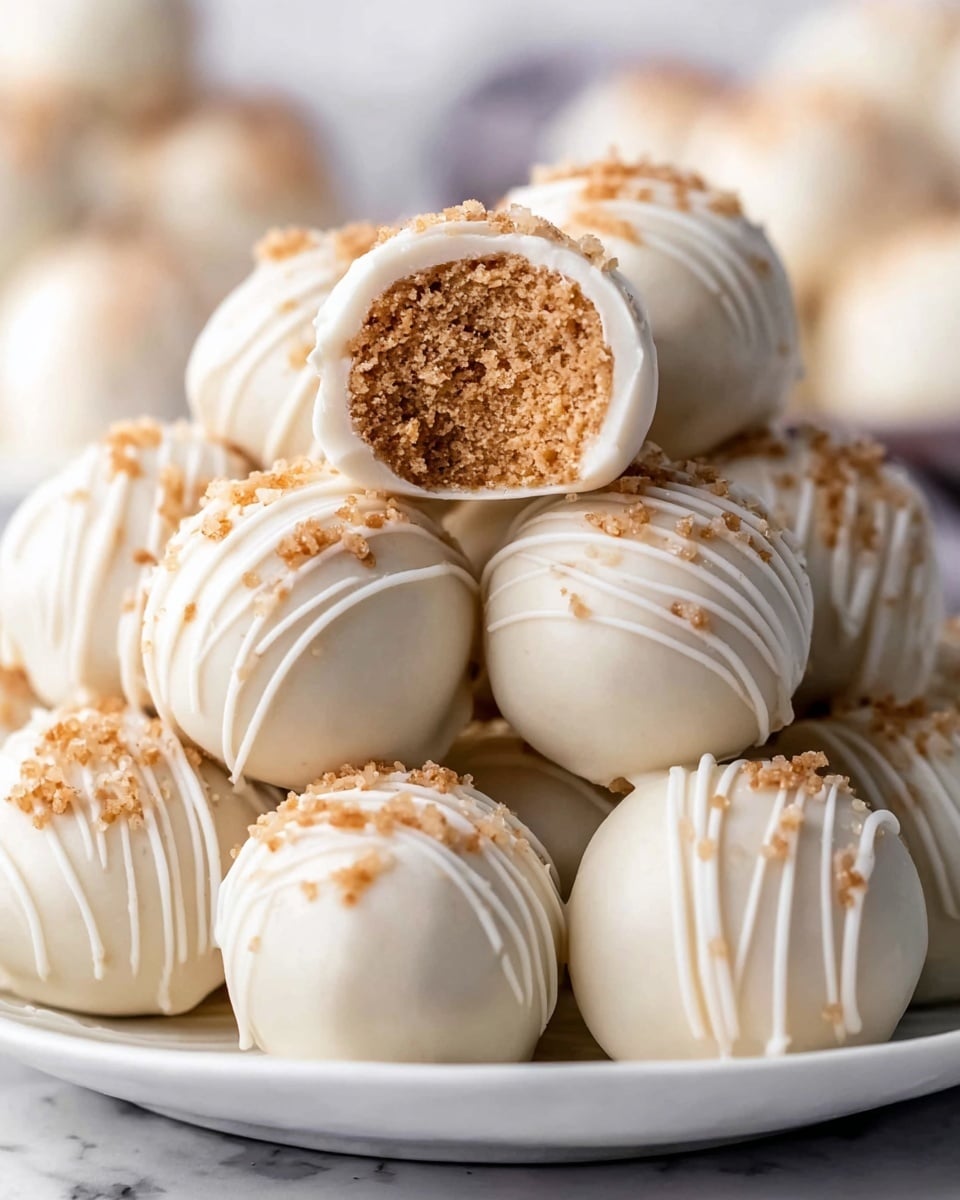 A close-up of a white plate stacked with smooth, round white cake balls covered in a creamy white coating. Each cake ball has fine light brown sprinkles on top and thin white drizzle lines running diagonally across the surface. One cake ball is split open at the top center, showing a dense, soft, and crumbly light brown interior texture. The plate rests on a white marbled surface. photo taken with an iphone --ar 4:5 --v 7