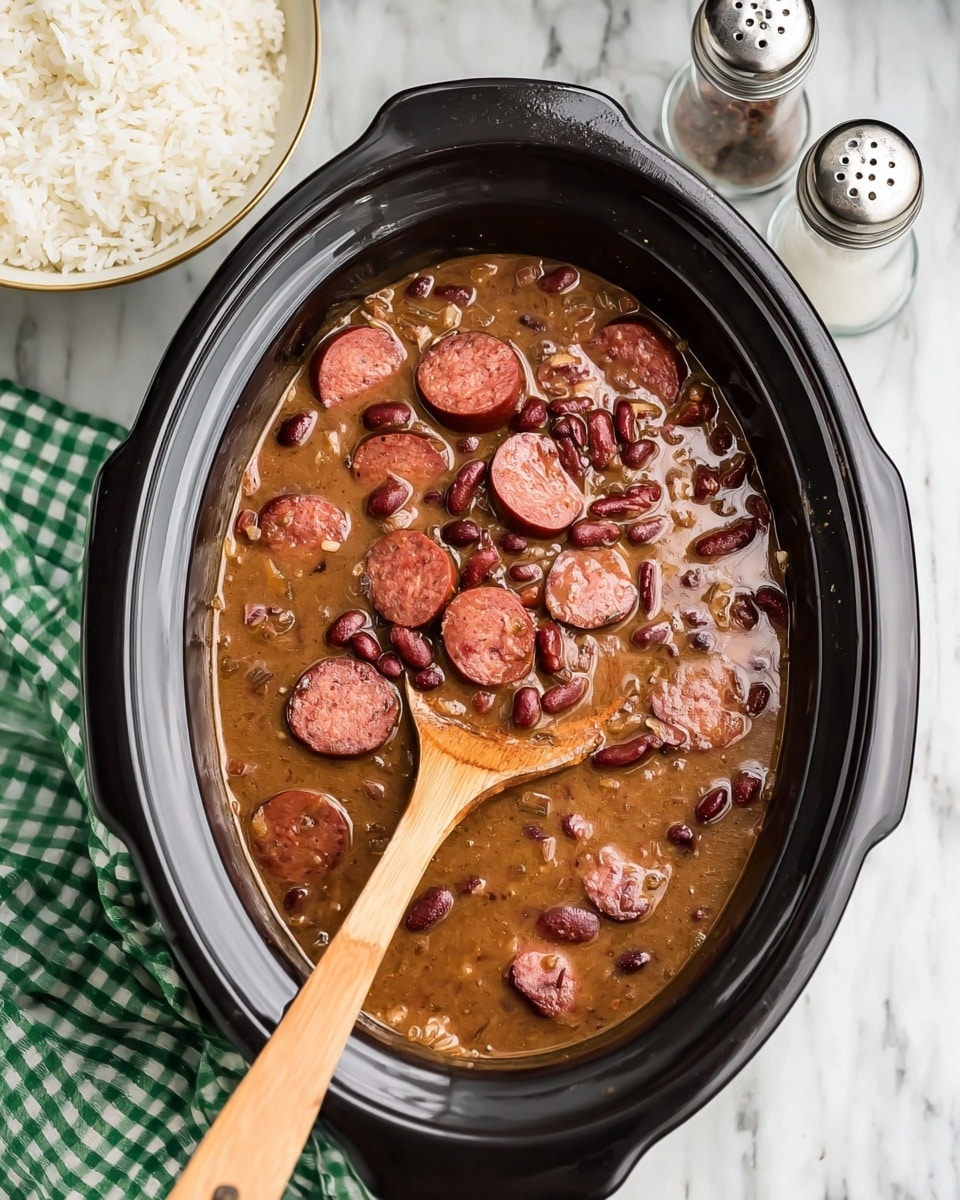 The image shows a black oval slow cooker filled with a thick stew made of brown liquid with visible sliced sausage rounds in reddish-brown and kidney beans in darker brown. A wooden spoon is scooping several pieces of sausage and beans from the middle of the stew, with the spoon’s handle extending out toward the bottom of the image. In the top left corner, there is a white bowl with white steamed rice, and the surface is a white marbled texture. A green and white checkered cloth napkin is tucked into the bottom right corner. Two clear shakers with silver tops sit to the upper right of the slow cooker photo taken with an iphone --ar 4:5 --v 7