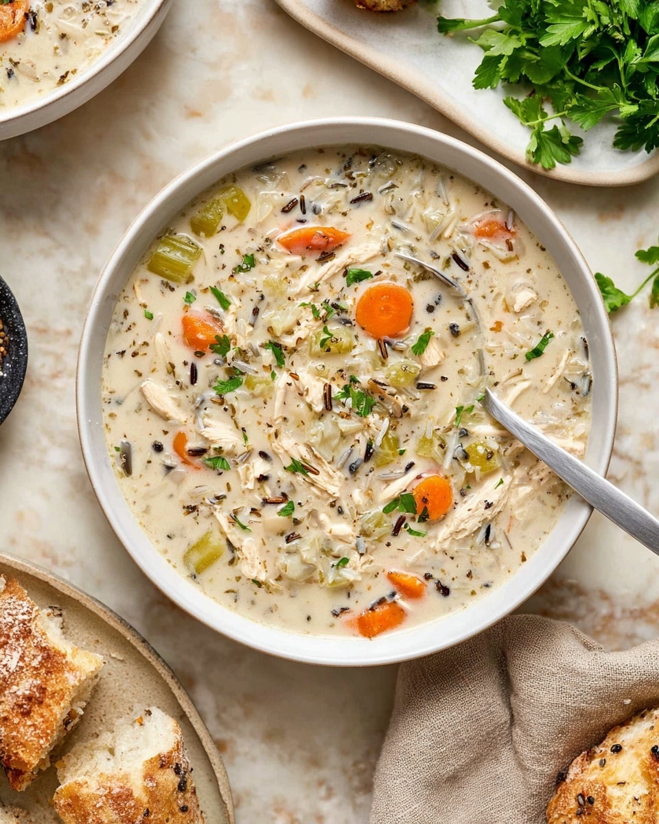 A bowl filled with creamy soup that has three main visible layers: small orange carrot rounds, light green celery pieces, and shredded white chicken mixed with bits of wild rice and black pepper specks, all floating in a thick off-white broth. The soup is garnished with small green parsley leaves scattered on top. The bowl is white and round, with a silver spoon resting inside, slightly submerged in the soup. Near the bowl, there are pieces of crusty golden bread on a beige cloth, and a fresh bunch of green parsley on a white plate in the background. All of this sits on a white marbled surface. Photo taken with an iphone --ar 4:5 --v 7