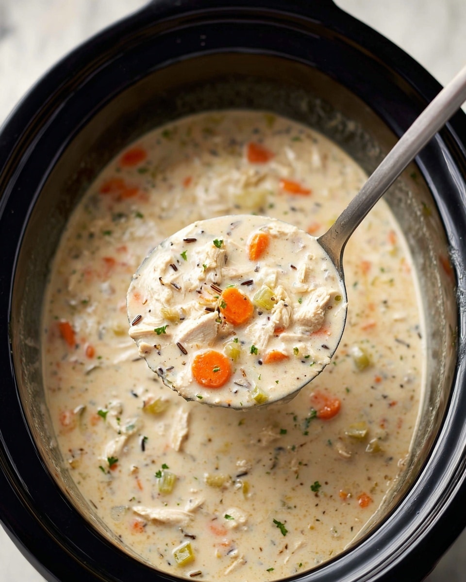 A close-up view of a thick cream soup in a black slow cooker, shown with a metal ladle scooping some out. The soup has a creamy light beige base mixed with thinly sliced orange carrots, small green celery pieces, white shredded chicken, and tiny grains of wild rice. Small green herb bits lightly dot the soup, adding texture. The surface around the ladle shows the creamy, smooth consistency with chunks of vegetables and chicken spread evenly throughout. The background is a white marbled texture. photo taken with an iphone --ar 4:5 --v 7