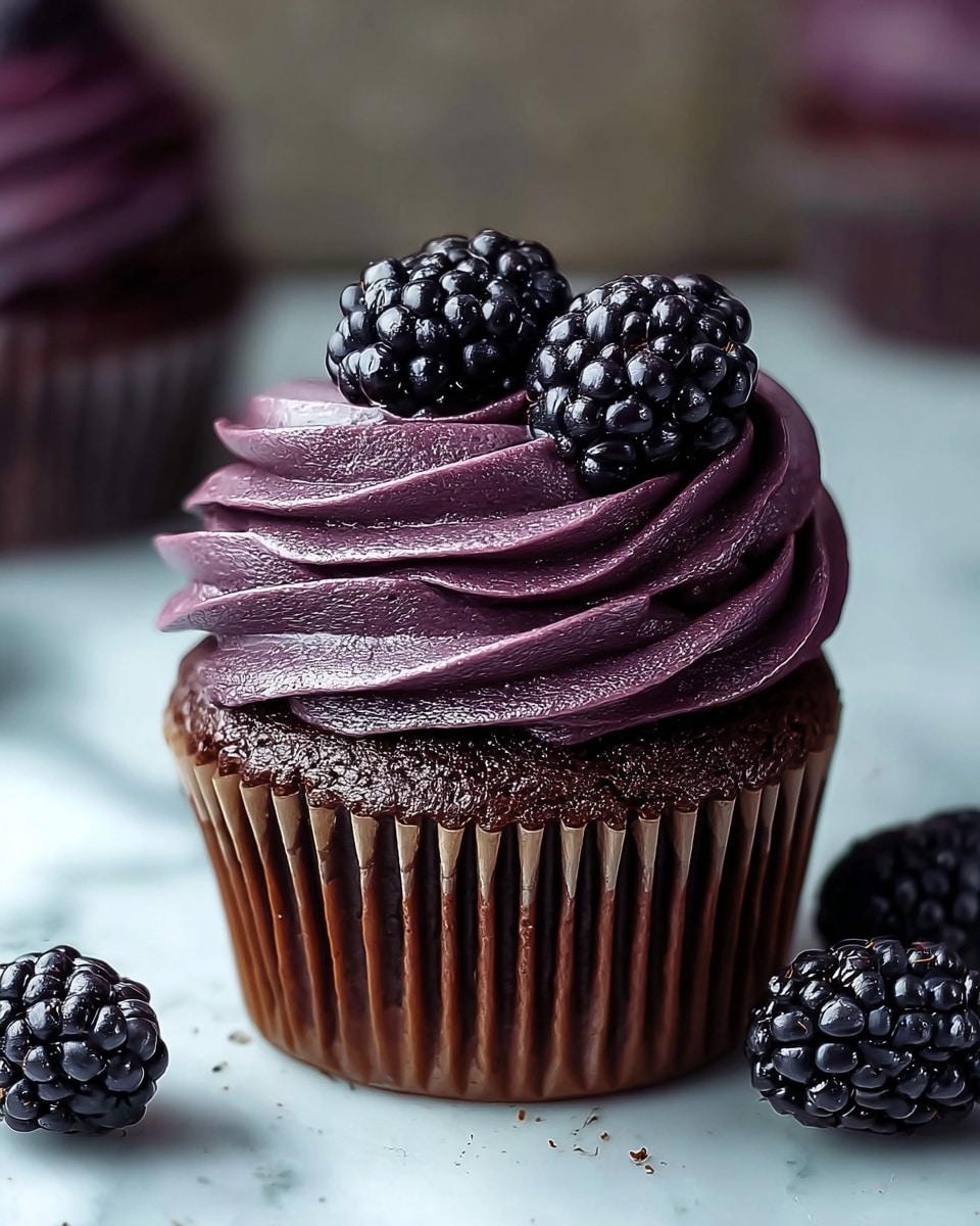 A rich, dark chocolate cupcake with a deep purple swirl of creamy frosting on top, textured smoothly with shiny highlights. Two glossy blackberries sit neatly on the peak of the frosting, adding a fresh, bumpy texture and dark shine. The cupcake liner is a deep brown ridged paper, holding the moist, slightly uneven chocolate cake base. Around the cupcake, a white marbled surface holds a few loose blackberries scattered casually. Photo taken with an iphone --ar 4:5 --v 7