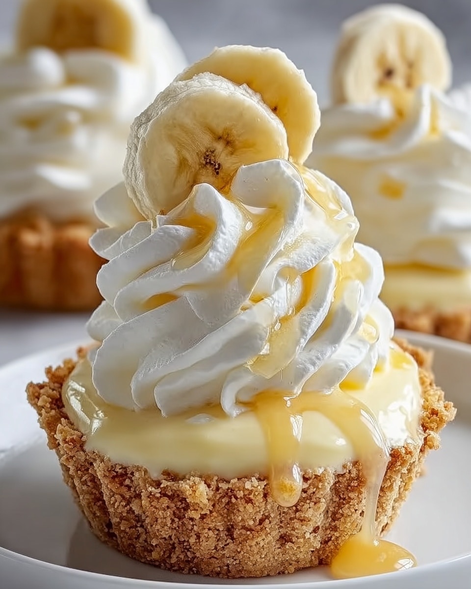 A close-up view of a creamy dessert cup with a crumbly golden crust wrapping the outside, filled with smooth pale yellow pudding that is soft and slightly spilling out. On top, thick swirls of white whipped cream rise with a silky texture, each swirl decorated with a small drizzle of light honey or syrup. Each cup is crowned by a single, round banana slice, yellow with tiny brown seeds in the center. The dessert sits on a white plate over a white marbled surface. Photo taken with an iphone --ar 4:5 --v 7