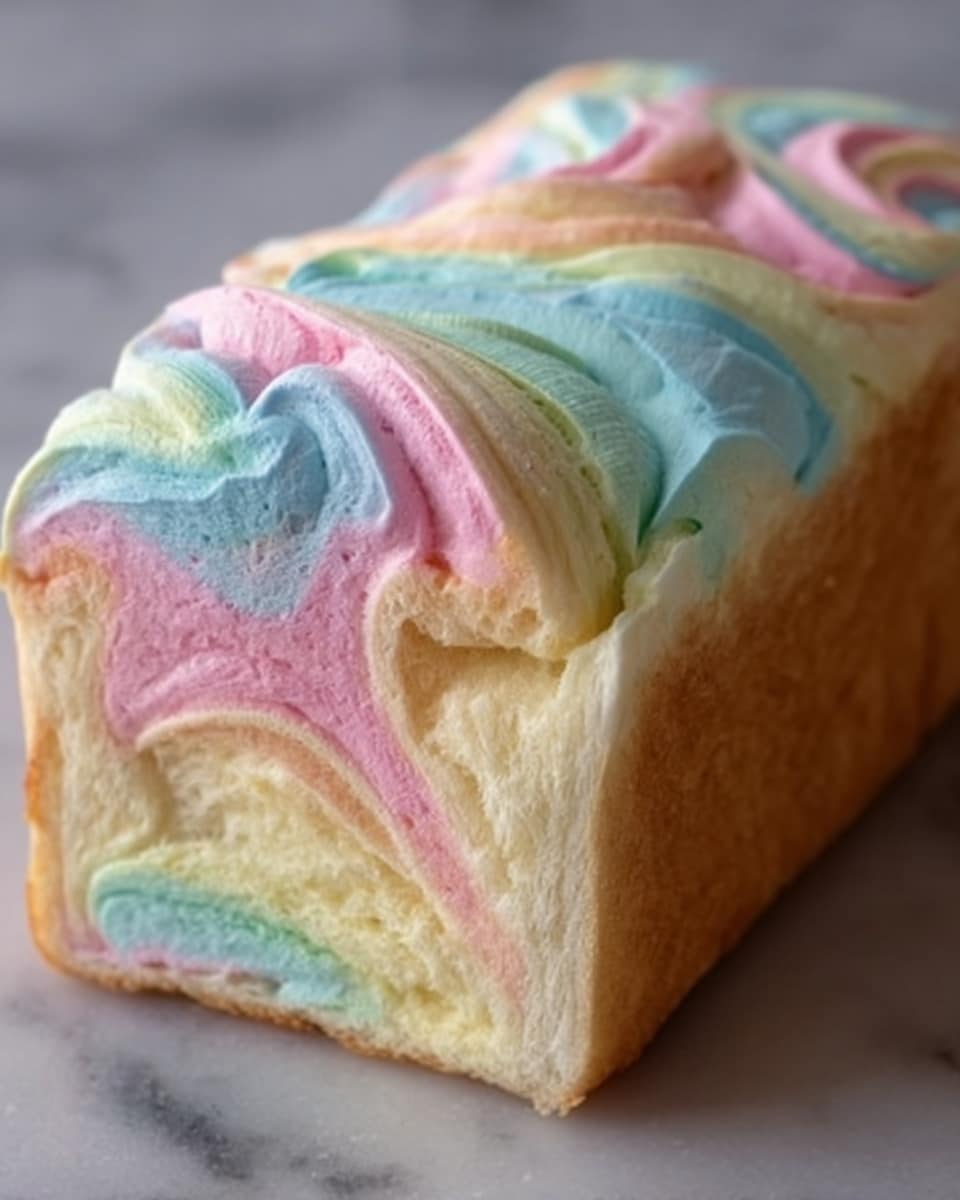 A close-up of a square slice of soft cake showing three distinct layers: the bottom layer is a light yellow sponge, smooth and fluffy; the middle layer features a thick, swirled mix of pastel colors including light blue, soft pink, and pale yellow with a creamy, airy texture; the top layer continues the colorful swirls with a slightly rough, whipped cream appearance, creating a light and dreamy look. The cake sits on a white marbled surface, with soft natural light highlighting the pastel colors and fluffy texture. photo taken with an iphone --ar 4:5 --v 7