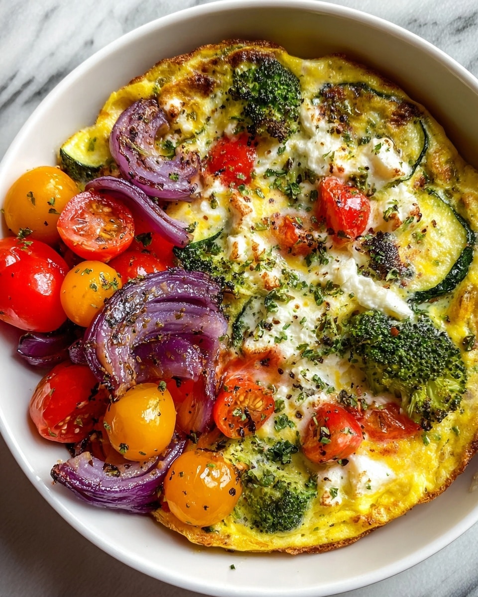 The image shows a white bowl filled with a colorful vegetable frittata and a side of cherry tomatoes and red onions. The frittata, taking up about two-thirds of the bowl, is a thick layer of yellow egg base with green broccoli florets, slices of zucchini, and small pieces of red tomatoes scattered throughout, topped with white, slightly browned chunks of cheese and bits of purple onion. On the remaining one-third side of the bowl, there are fresh red and yellow cherry tomatoes mixed with a few slices of cooked, glossy purple onion rings, all sprinkled lightly with herbs and black pepper. The bowl sits on a white marbled surface. Photo taken with an iphone --ar 4:5 --v 7