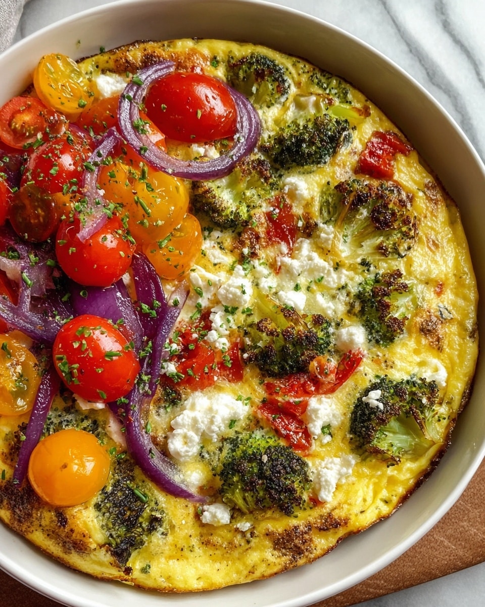 The dish is presented in a deep white bowl set on a white marbled surface, containing a colorful frittata and a fresh side salad. The frittata forms the bottom layer with a golden-yellow cooked egg base, speckled with browned spots and dotted with roasted green broccoli florets, small red tomato pieces, and white fluffy crumbles of cheese all over. The salad sits on one side, layered with shiny red and yellow cherry tomatoes, some halved, mixed with thin, curved slices of purple onion that add a vibrant contrast. The entire dish is garnished with finely chopped green herbs sprinkled on top, giving it a fresh and appetizing look. Photo taken with an iphone --ar 4:5 --v 7