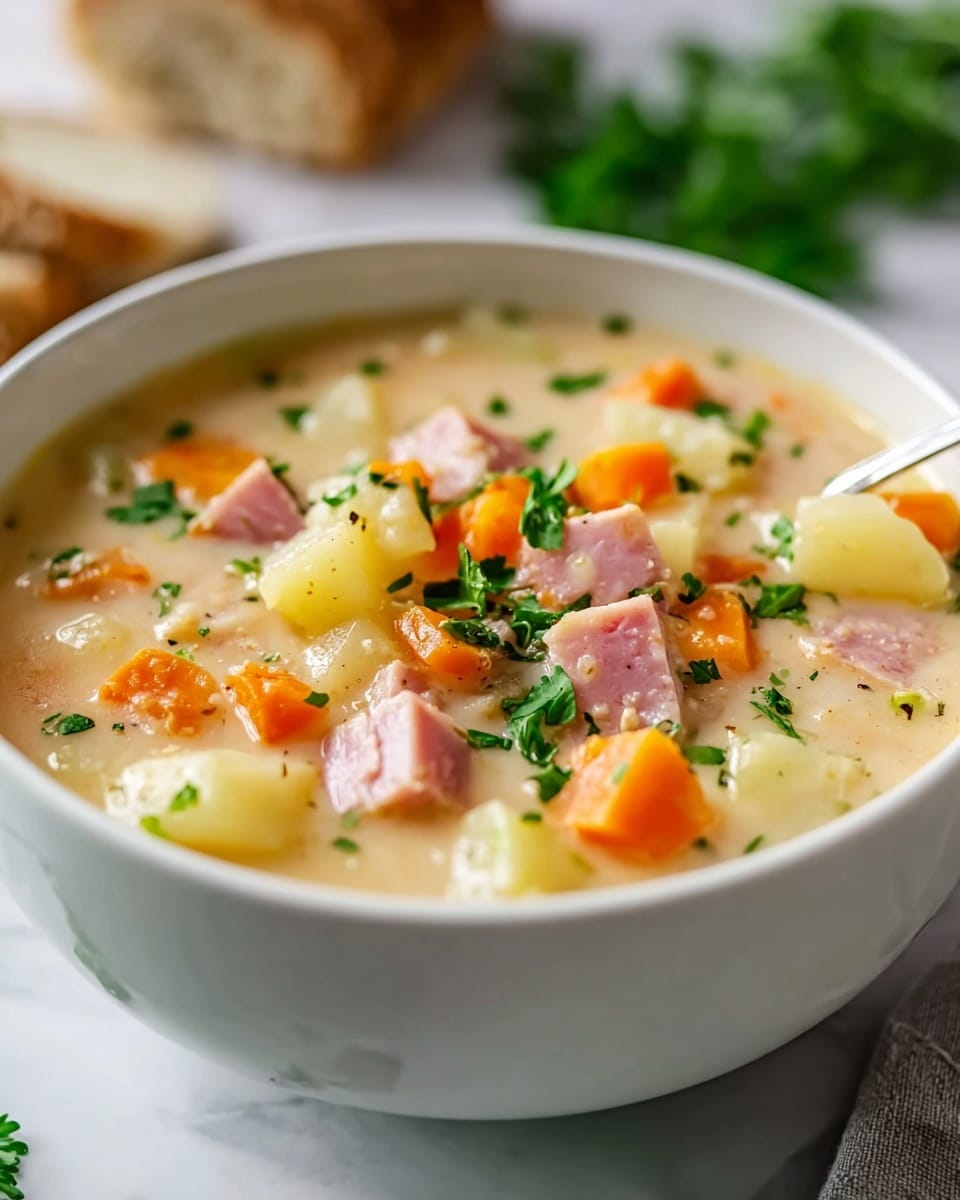 A white bowl filled with creamy soup containing visible layers of diced orange carrots, pale yellow potatoes, and light pink cubes of ham, all mixed in a smooth beige broth. Bright green parsley leaves are scattered on top, adding a fresh color contrast. The bowl sits on a white marbled surface, with soft focus on fresh parsley and a piece of bread in the blurred background. Photo taken with an iphone --ar 4:5 --v 7