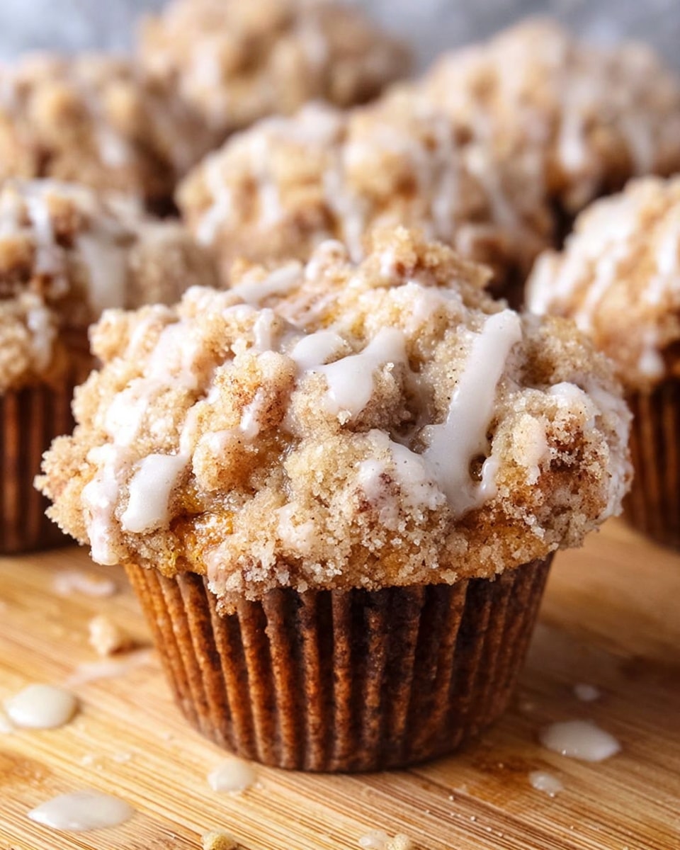 A close-up view of a crumb muffin showing a base layer of dark brown muffin in a white paper cup, topped with a thick, chunky crumb layer of light golden brown with a rough, crumbly texture, and drizzled with a thin white glaze on top. The muffin sits on a light wooden surface with some crumbs and glaze drops around it. In the background, more similar muffins are slightly blurred, all sharing the same texture and layers. photo taken with an iphone --ar 4:5 --v 7