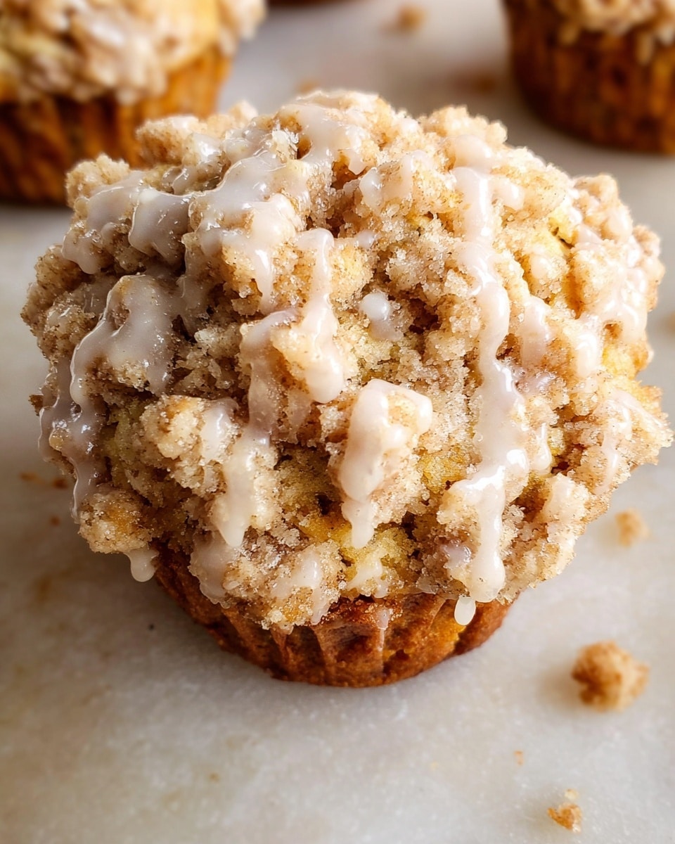 A close-up view of a crumbly muffin topped with a light beige glaze that drips slightly down the edges, showing a rough, textured surface made of golden brown crumb clusters. The crumb layer is thick and uneven, with some small crumbs scattered around the muffin on a white marbled surface. The glaze appears shiny and smooth, contrasting with the coarse crumb topping. Photo taken with an iphone --ar 4:5 --v 7