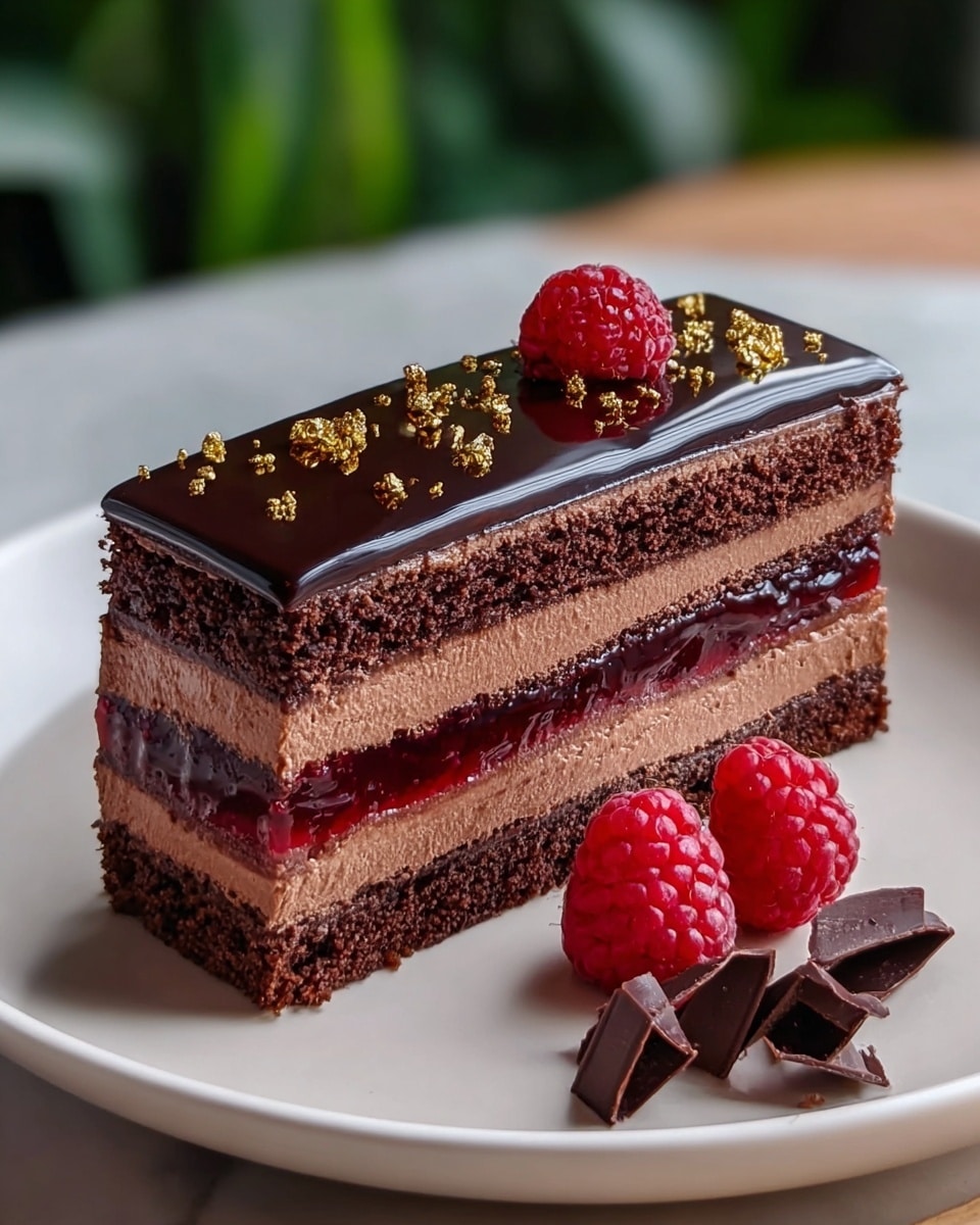 A rectangular slice of chocolate layered cake rests on a white plate with two fresh red raspberries and curled dark chocolate pieces beside it. The cake has five layers: the bottom and third layers are dark chocolate sponge cake, the second and fourth layers are smooth milk chocolate mousse, and the middle layer is a glossy red cherry jelly. The top of the cake is covered with a shiny dark chocolate glaze sprinkled with tiny gold flakes. The plate sits on a white marbled surface with blurred green plants in the background. photo taken with an iphone --ar 4:5 --v 7
