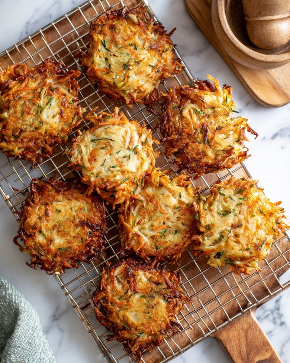 The image shows several golden brown vegetable fritters cooling on a metal wire rack. Each fritter is about the same size, roughly round but with uneven edges, and appears crispy with browned spots on the surface. The fritters are made of shredded vegetables including white cabbage, orange carrots, and green herbs, all mixed tightly together. The texture looks crunchy on the outside with some soft vegetable pieces visible inside. The wire rack sits on a white marbled surface, with a wooden board and a mortar and pestle partially visible in the top right corner. photo taken with an iphone --ar 4:5 --v 7
