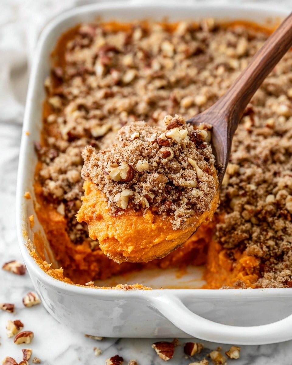 A white rectangular baking dish filled with a crumbly baked dessert topped with a golden-brown mixture of oats and chopped nuts, mostly pecans, creating a rough textured layer that covers the entire surface evenly. The dish is placed on a white marbled surface, surrounded by scattered pecans and crumbs, with a wooden spoon resting on the right side and a grey and white patterned cloth partially visible on the left. photo taken with an iphone --ar 4:5 --v 7