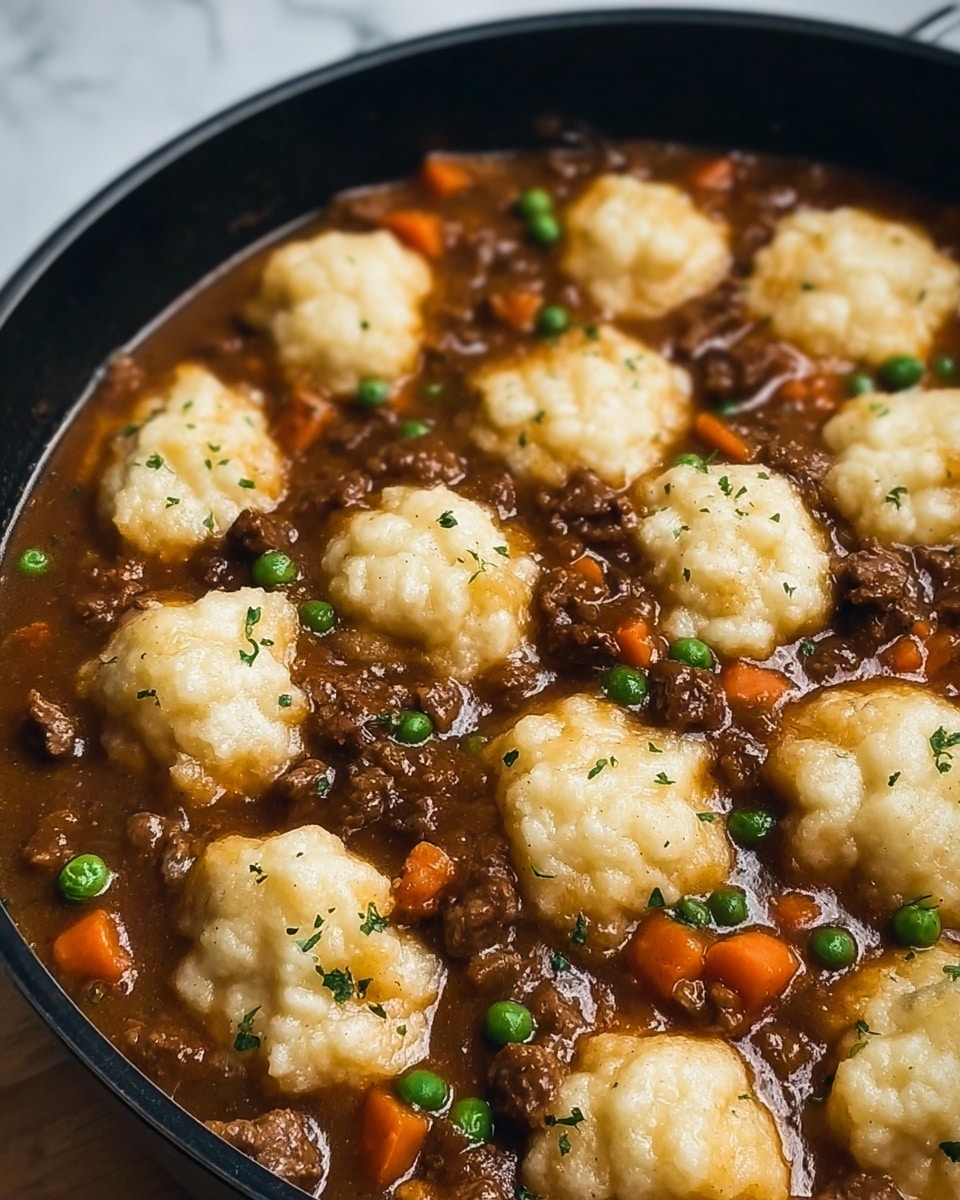 This image shows a close-up view of a dish in a black pan filled with thick brown gravy mixed with small chunky meat pieces, bright orange carrot cubes, and green peas scattered throughout. On top of the stew, there are numerous light beige fluffy dumplings evenly spread across the pan, slightly shiny from the sauce, with hints of green herbs sprinkled on them. The whole dish looks rich and hearty, with a mix of textures from smooth gravy, tender meat, soft dumplings, and fresh vegetables, all sitting on a subtle white marbled surface. Photo taken with an iphone --ar 4:5 --v 7