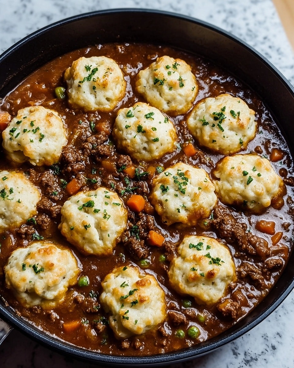 A black skillet filled with a rich brown stew base, mixed with chunks of cooked ground beef, small orange carrot pieces, and occasional green peas throughout. On top of the stew layer, there are ten lightly browned, fluffy biscuit dumplings arranged evenly, each topped with a sprinkle of chopped green herbs. The stew looks thick and glossy, with the biscuits having a soft creamy texture and browned spots on the surface. The skillet is resting on a white marbled texture. photo taken with an iphone --ar 4:5 --v 7