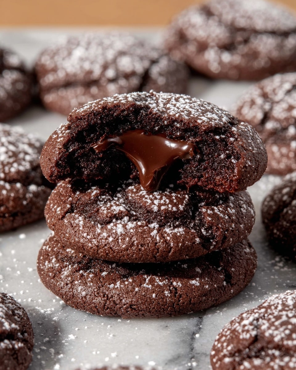A stack of two dark chocolate cookies sprinkled with powdered sugar sits on a white marbled surface. The top cookie has a bite taken out of it, revealing a thick, glossy, melted chocolate center that looks soft and creamy. Surrounding the stack are more chocolate cookies, also dusted with powdered sugar, arranged casually in the background. The cookies have a slightly cracked texture on the surface, adding to their rich and fudgy appearance. Photo taken with an iphone --ar 4:5 --v 7