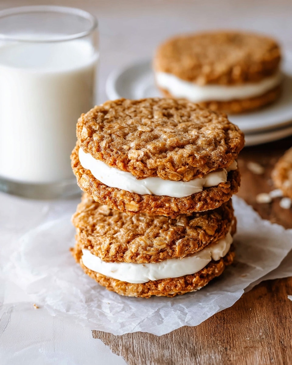 A stack of three oat cookies with a white creamy filling between each cookie layer is placed on a piece of white parchment paper on a wooden surface. The cookies are golden brown with a rough, textured surface showing oats. In the background, there is a clear glass filled with milk slightly out of focus, and another similar oat cookie sandwich on a white plate blurred behind it. The whole setting is on a white marbled texture surface. photo taken with an iphone --ar 4:5 --v 7