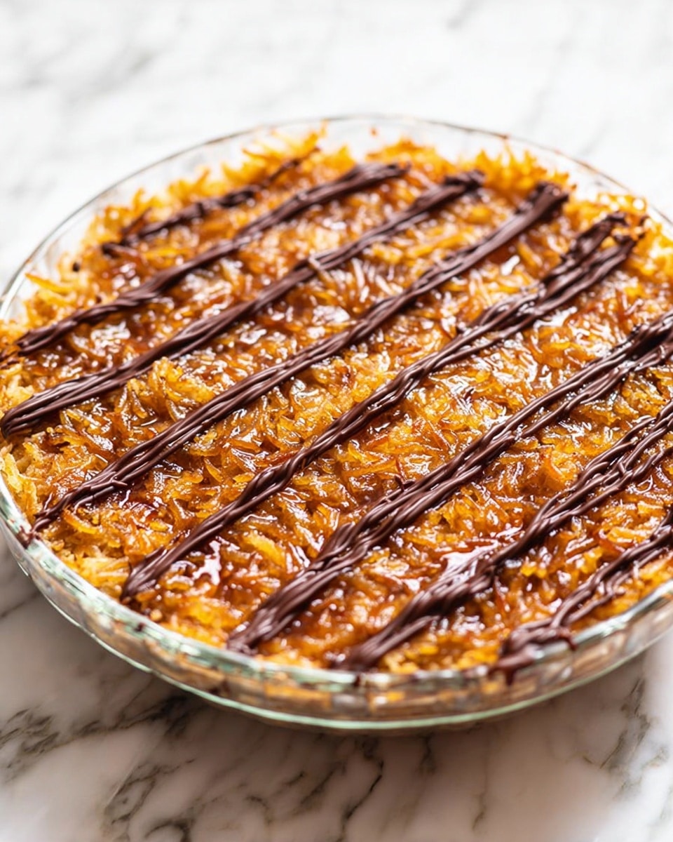 A round clear glass dish filled with a dessert that has a textured, golden-brown bottom layer made of shredded coconut, with syrup glistening on top. The top layer is decorated with evenly spaced thick dark chocolate lines running from one edge to the other. The dish sits on a surface with a white marbled texture, and the overall look is warm and inviting. Photo taken with an iphone --ar 4:5 --v 7