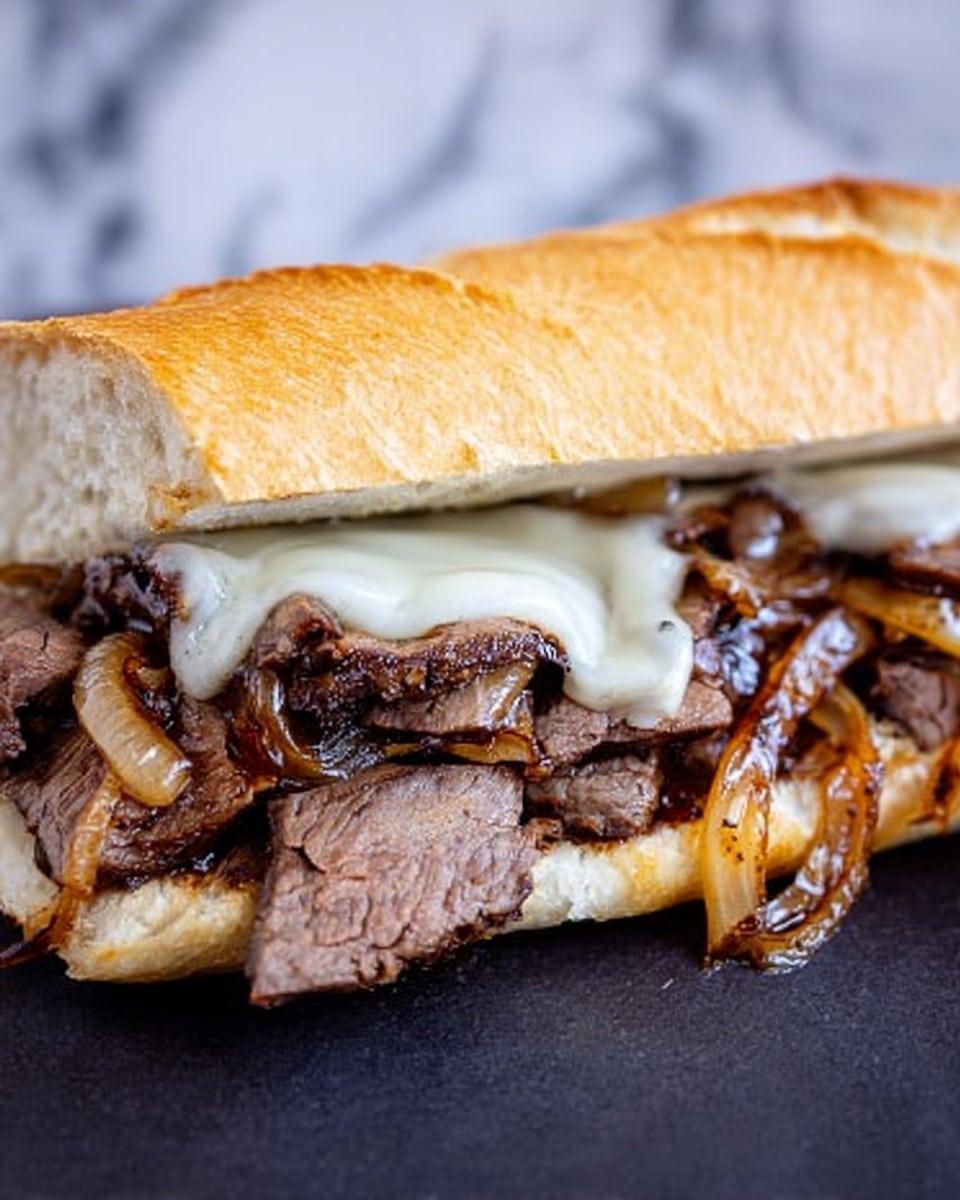 A close-up image of a sandwich on a crusty white baguette with a light golden brown top. The sandwich is filled with several layers of thinly sliced, grilled steak that looks juicy and browned, topped with caramelized onions that add a glossy, rich dark golden and brown texture. Above the onions is a layer of melted white cheese that slightly drips over the meat. The sandwich rests on a flat, black surface with a white marbled texture background behind it. photo taken with an iphone --ar 4:5 --v 7