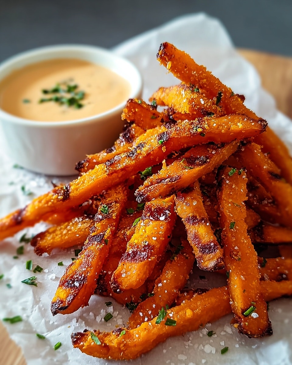 A pile of crispy, golden-orange sweet potato fries with dark brown grilled marks on each stick is stacked on white parchment paper. The fries are sprinkled with coarse salt and small green herb pieces. Behind the fries is a small white bowl filled with a creamy light beige dipping sauce, topped with green herbs. The scene is set on a smooth white marbled surface. Photo taken with an iphone --ar 4:5 --v 7