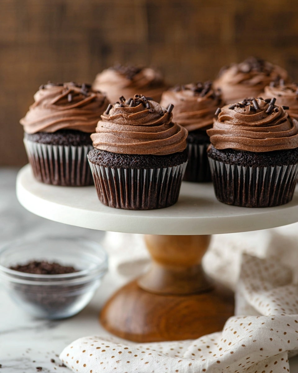 A group of chocolate cupcakes is displayed on a white cake stand with a wooden base, placed on a light cloth with small brown dots on a white marbled texture. Each cupcake has a dark brown, moist chocolate base in a ridged wrapper, topped with one thick, swirled layer of creamy chocolate frosting sprinkled with small dark chocolate pieces. In the blurred background, a small clear bowl filled with dark crumbs is visible. The photo taken with an iphone --ar 4:5 --v 7