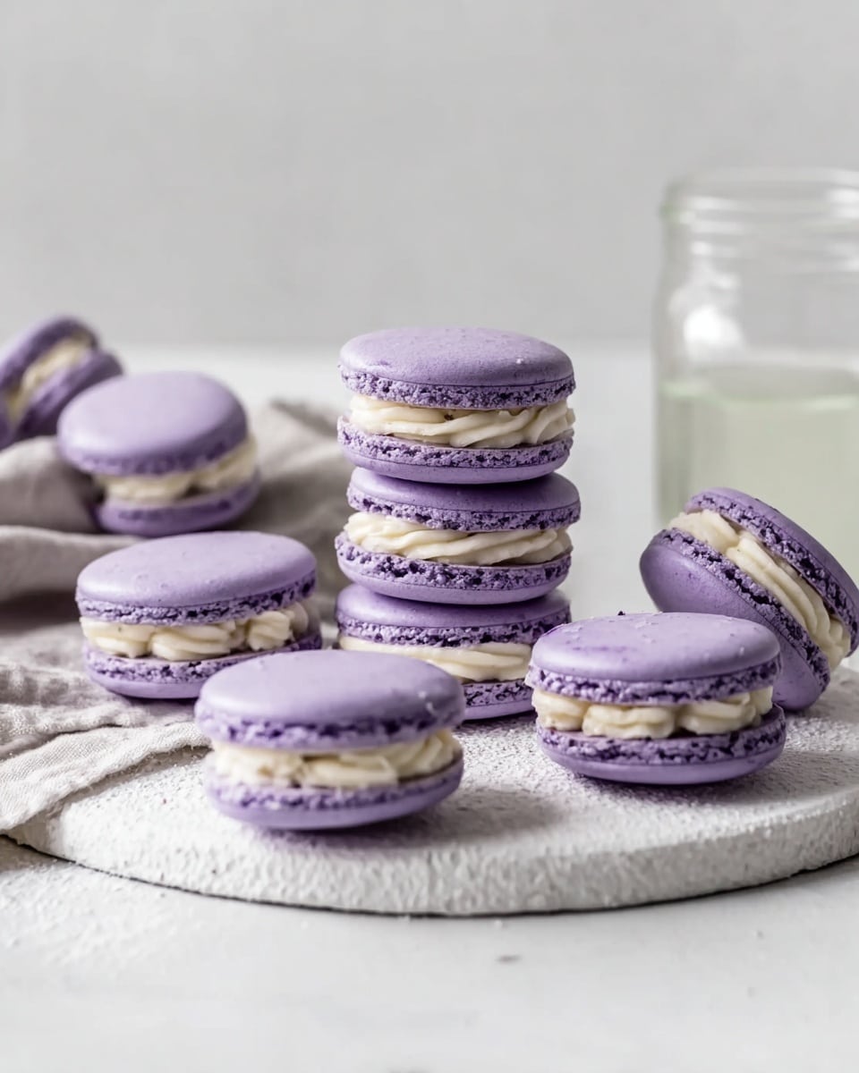 A group of purple macarons with smooth, slightly shiny tops and ruffled edges sits scattered and stacked on a round white textured board, which is placed on a white marbled surface. Each macaron has two lavender-purple shells with a rough, airy texture around the edges, sandwiching a thick layer of creamy, light beige filling that appears soft and swirled. The shells have a delicate, crisp texture, while the filling looks rich and smooth. In the blurry background, there's a clear glass jar filled halfway with water against a plain white backdrop. The overall look is simple and clean with soft natural lighting that highlights the pastel colors. photo taken with an iphone --ar 4:5 --v 7