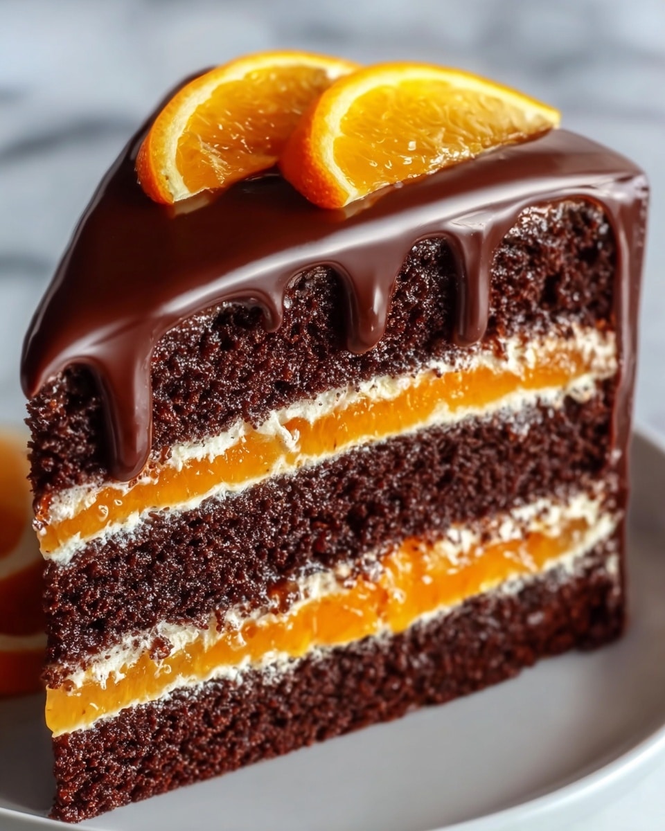 A close-up of a three-layer chocolate cake slice on a white plate, each layer of dark, moist chocolate sponge separated by thin layers of bright orange jelly and light cream. The top of the cake is covered with a thick, smooth, and shiny chocolate glaze that drapes slightly down the sides. Two thin, round orange slices with visible juicy texture are placed neatly on top. The cake sits on a surface with a white marbled texture, creating a clean, bright background. photo taken with an iphone --ar 4:5 --v 7