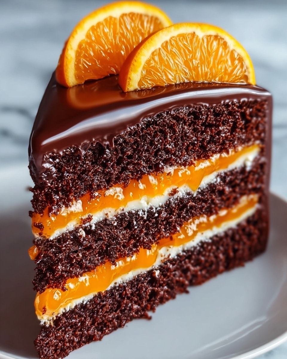 A rich chocolate cake slice with three dark chocolate sponge layers, each separated by two thin layers of bright orange filling and thin white cream layers directly under the orange layers. The whole slice is covered in a smooth, glossy dark chocolate glaze on the top and sides. Two fresh orange slices with visible texture and juiciness sit gently on top of the cake. The cake rests on a white plate placed on a white marbled surface. photo taken with an iphone --ar 4:5 --v 7