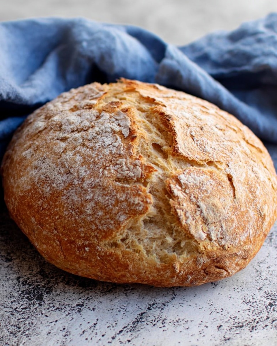 A round loaf of bread with a rough, cracked light brown crust sits on a white marbled texture. The bread has a rough surface with a dusting of flour and visible cracks showing softer, lighter interior bread. A piece of light blue cloth is loosely placed in the background, adding a soft texture contrast. The photo is focused on the bread, showing its dense yet fluffy inside texture. photo taken with an iphone --ar 4:5 --v 7