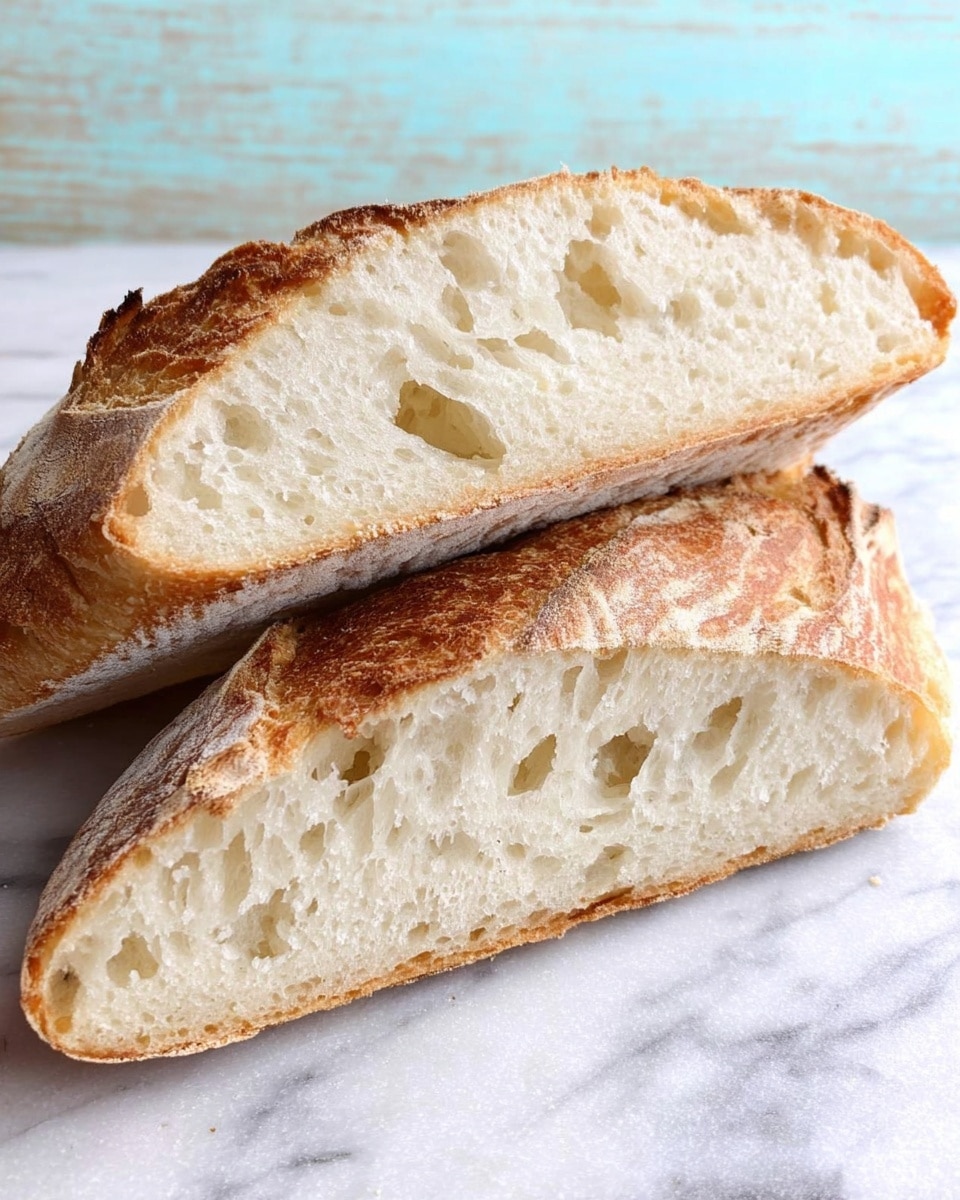 Three thick slices of rustic bread are stacked slightly leaning on each other, showing a light tan crust with a rough, crunchy texture and a soft, airy white inside with small holes. The bread slices rest on a white marbled textured surface, adding contrast to the warm colors of the crust and crumb. The overall look is simple and fresh. photo taken with an iphone --ar 4:5 --v 7