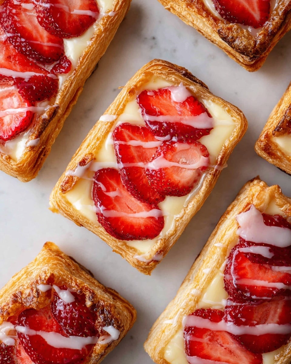The image shows several rectangular strawberry pastries placed on a white marbled surface. Each pastry has three visible layers: a golden-brown, flaky puff pastry base with crispy edges; a creamy white layer of custard filling spread evenly inside the pastry border; and on top, slices of bright red strawberries covered with a glossy, translucent glaze that highlights their texture. Some pastries have a light drizzle of white icing across the corners, adding extra contrast. The pastries are arranged closely but not touching, showing different angles of their flaky layers and shiny fruit toppings. photo taken with an iphone --ar 4:5 --v 7