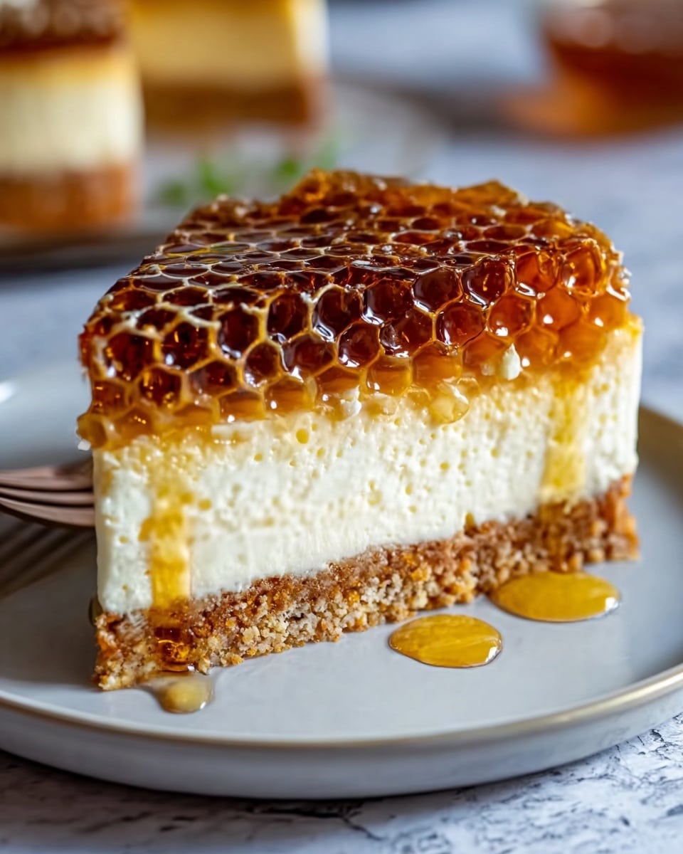 A close-up of a three-layer slice of dessert on a white plate, placed on a white marbled texture. The bottom layer is a crumbly, golden-brown crust. The middle layer is thick, creamy, and pale yellow with a smooth, slightly airy texture. The top layer is a glossy honeycomb-like structure in rich amber tones, with shiny honey droplets on the plate around the slice. A fork is partially visible, resting on the plate near the slice. Photo taken with an iphone --ar 4:5 --v 7