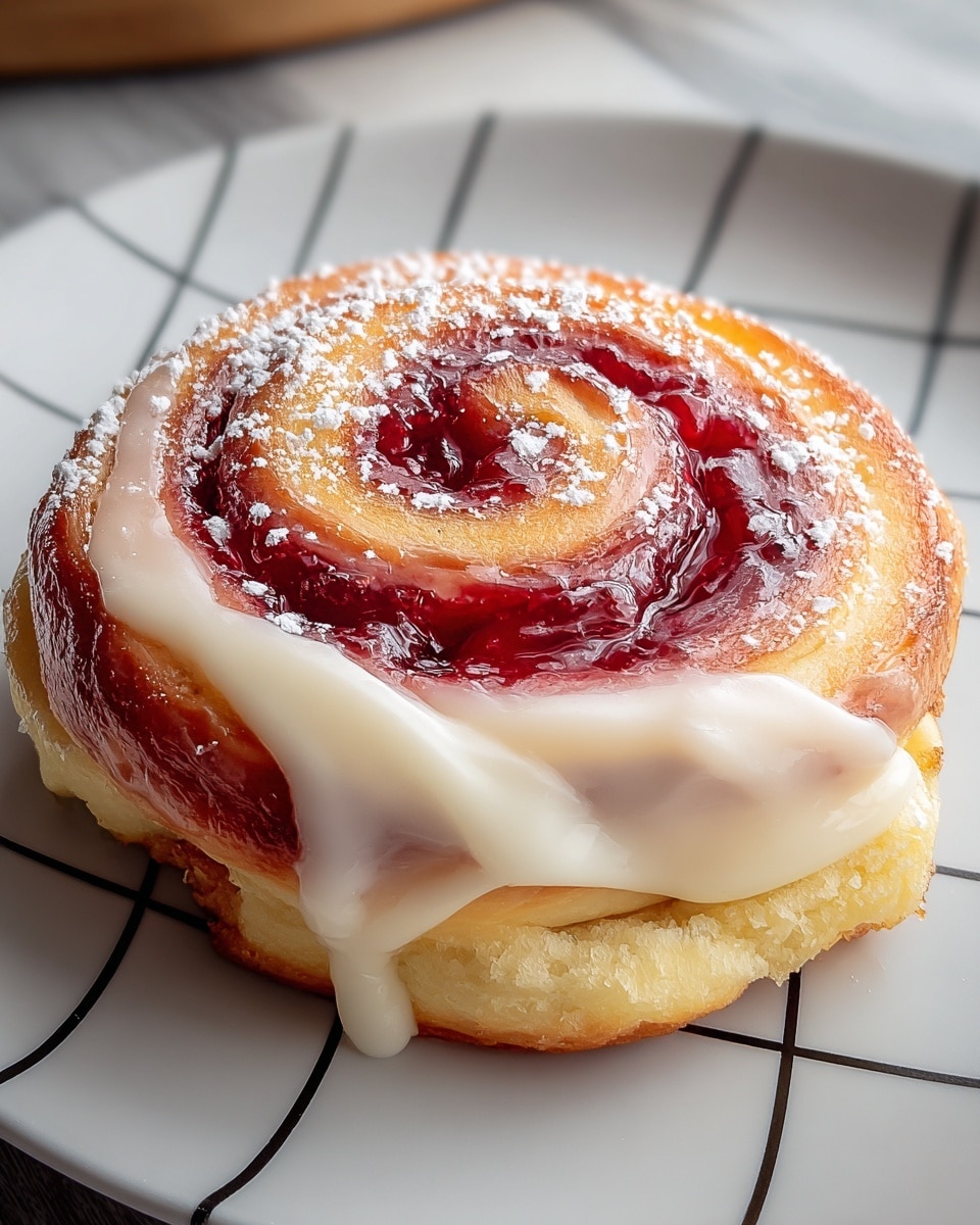 A close-up image of a single cinnamon roll placed on a white plate with black lines, set on a white marbled surface. The roll features a soft, golden-brown dough base with a swirl of deep red jelly or jam that is glossy and thick, creating a spiral pattern from the center to the edge. A smooth, creamy layer of white icing is generously drizzled over the roll, pooling slightly at the base and filling the gaps between the dough and jam. The roll is lightly dusted with white powdered sugar, adding a delicate finishing touch to the textured and shiny surface. Photo taken with an iphone --ar 4:5 --v 7