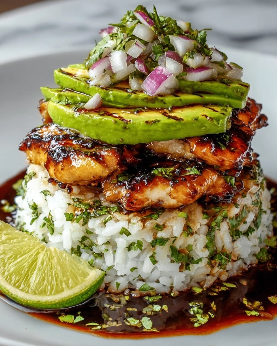 A stack of three layers rests on a mound of white rice mixed with green herbs, arranged on a white plate. On top of the rice are two glazed, golden-brown grilled chicken pieces with a shiny sauce covering them. Above the chicken, there are two thick slices of green avocado with grill marks, topped with a colorful mix of finely chopped red onion, white onion, and green herbs. A wedge of lime sits on the side, and the dish is drizzled with a dark sauce around the base, all set against a white marbled background. photo taken with an iphone --ar 4:5 --v 7