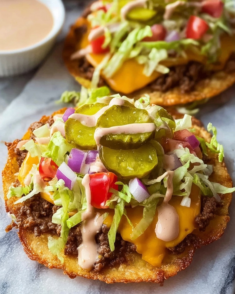 The image shows two tostadas on a white marbled surface, each with several layers. The base is a crispy, golden-brown tostada shell with a slightly uneven texture. On top of that lies a layer of brown cooked ground beef, layered with melted rich yellow cheddar cheese. Over the meat and cheese, there is a colorful mix of fresh light green shredded lettuce, bright red diced tomatoes, and small chunks of purple onion. There are also thick, green pickles scattered on top, with a drizzle of creamy light pink sauce over the entire stack. In the background, a small white bowl with extra sauce is partly visible. Photo taken with an iphone --ar 4:5 --v 7