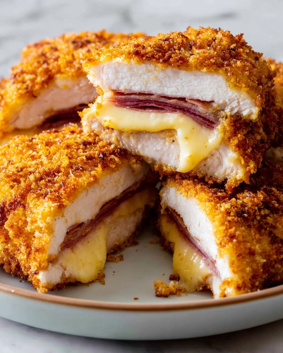 The image shows golden brown breaded chicken cut into thick slices, each piece revealing three layers: a crispy textured outer coat, a middle layer of white cooked chicken breast, and inside a melting, creamy yellow cheese layer with a thin dark pink ham slice just above it. The slices are arranged close together on a white plate with a simple rim, resting on a white marbled surface. The lighting highlights the crunchy texture and gooey cheese inside. photo taken with an iphone --ar 4:5 --v 7