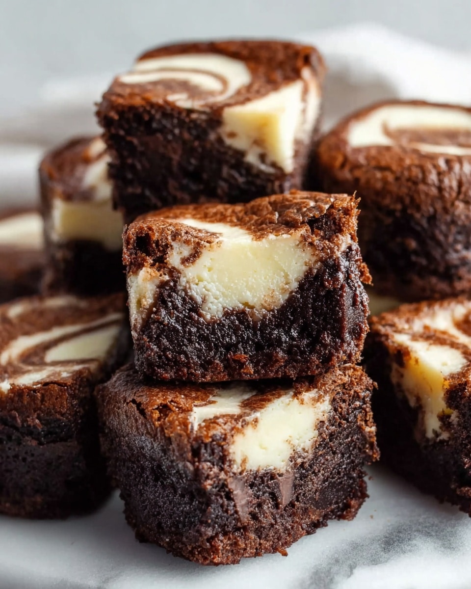 The image shows a group of small chocolate cream cheese brownies stacked together on a white marbled surface. Each brownie has two layers: a thick, dark brown chocolate layer at the bottom with a moist texture and a swirled, creamy white cream cheese layer on top, which is smooth with some light brown top edges. One brownie is held up, showing its moist, crumbly interior with a clear division between the deep chocolate base and the creamy white cream cheese center. The overall look is rich and tempting. photo taken with an iphone --ar 4:5 --v 7