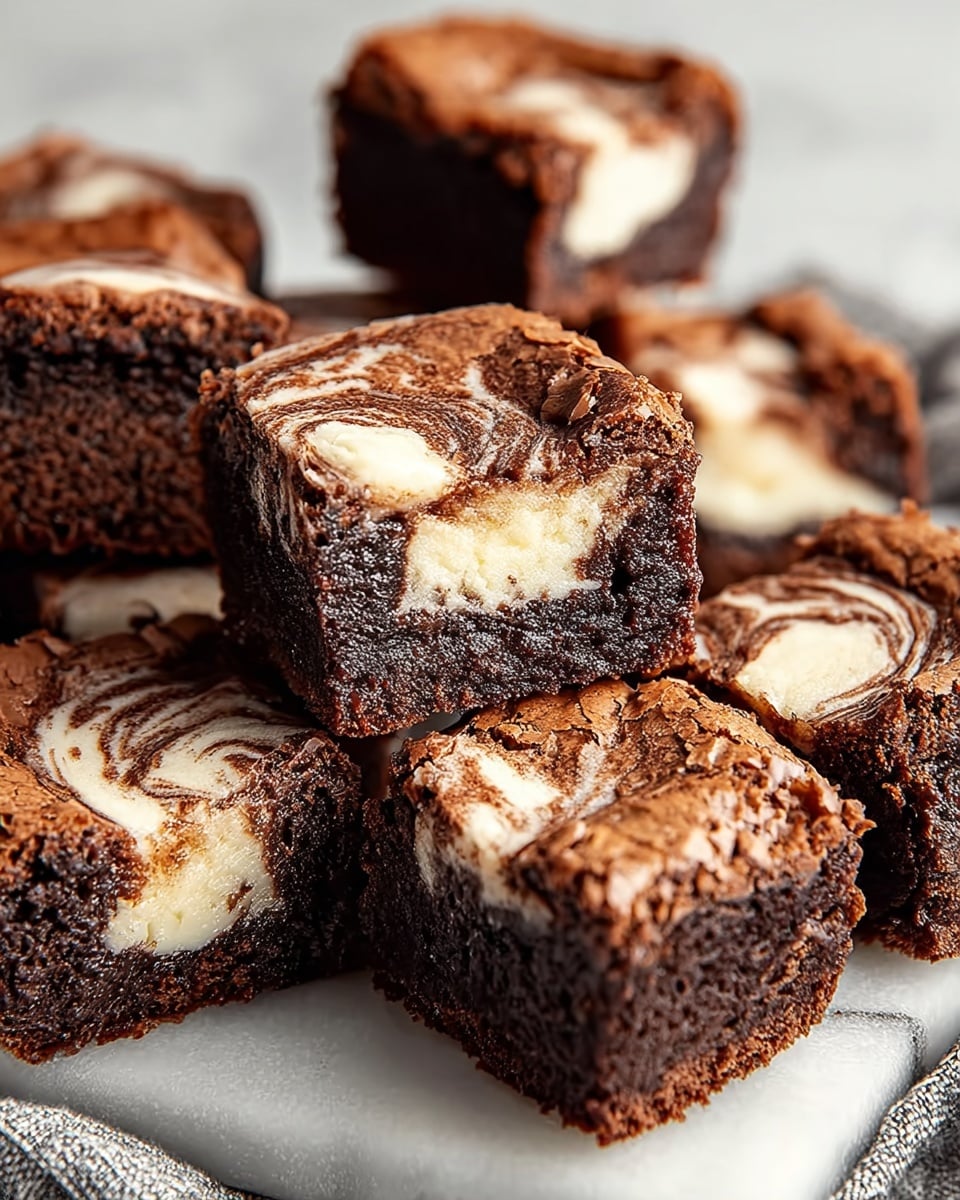 A close-up image of several small chocolate brownies on a white marbled surface, each brownie showing a high cracked dark brown top layer, with some cut open to reveal three distinct inner layers: a dense dark chocolate bottom layer, a creamy white middle layer, and a swirled mix of dark brown and white creamy top layer with a smooth texture, arranged casually next to a textured grey cloth. Photo taken with an iphone --ar 4:5 --v 7