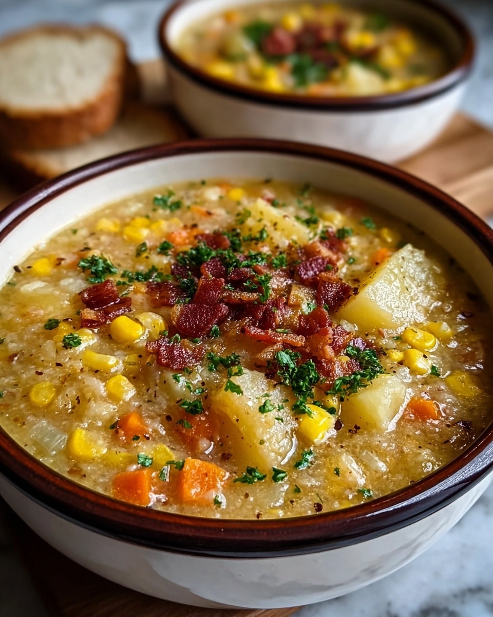 The image shows a close-up of a thick soup in a white bowl with a dark brown rim. The soup has chunky layers including off-white potato pieces, bright yellow corn kernels, and small orange carrot bits mixed in a creamy, slightly textured broth. On top, there are sprinkled pieces of crispy, reddish-brown bacon and finely chopped green parsley scattered evenly. In the blurred background, there is a second bowl of the same soup and two slices of light brown bread. All items rest on a white marbled surface. Photo taken with an iphone --ar 4:5 --v 7