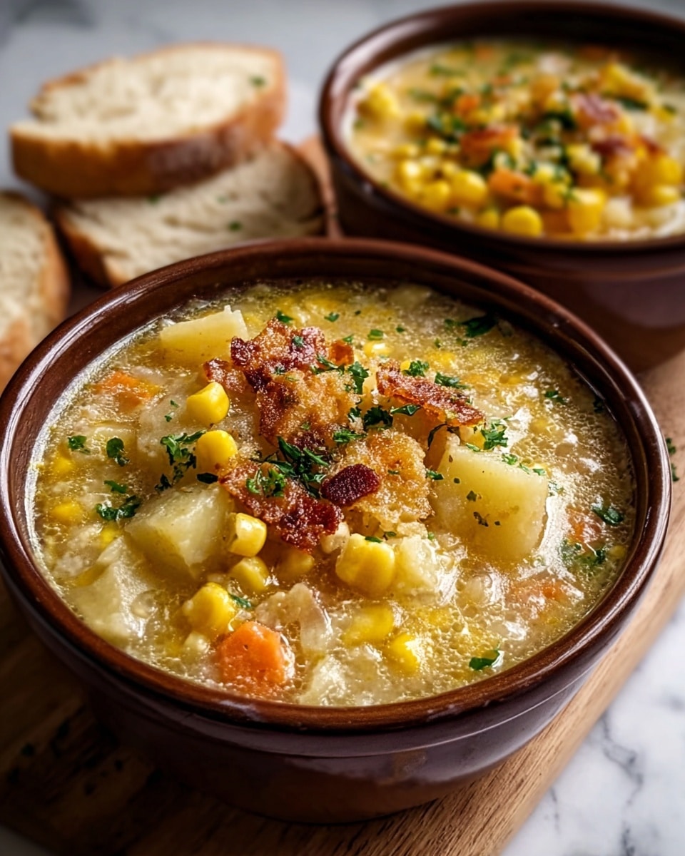In this image, two brown bowls sit on a white marbled surface, filled with a thick soup containing yellow corn, white potato chunks, and small orange carrot pieces in a creamy broth. The soup's surface is topped with crispy browned bits and sprinkled with green herbs, adding contrast and texture. In the background, slices of bread are visible, resting on the white marbled surface behind the bowls. The photo captures the warm and hearty nature of the dish with a close-up view showing the chunky ingredients clearly. Photo taken with an iphone --ar 4:5 --v 7