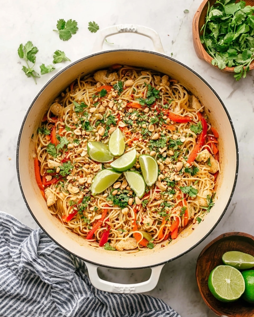 A large white pot filled with three layers of colorful ingredients: at the bottom, light beige cooked noodles, in the middle, small light brown chicken pieces mixed with thin slices of bright orange carrots and red bell peppers, and on top, green chopped cilantro, crushed peanuts, and three lime wedges placed as decoration. The pot sits on a white marbled surface, nearby a whole lime, a small wooden bowl with lime wedges, fresh cilantro sprigs, and a striped blue and white cloth. photo taken with an iphone --ar 4:5 --v 7