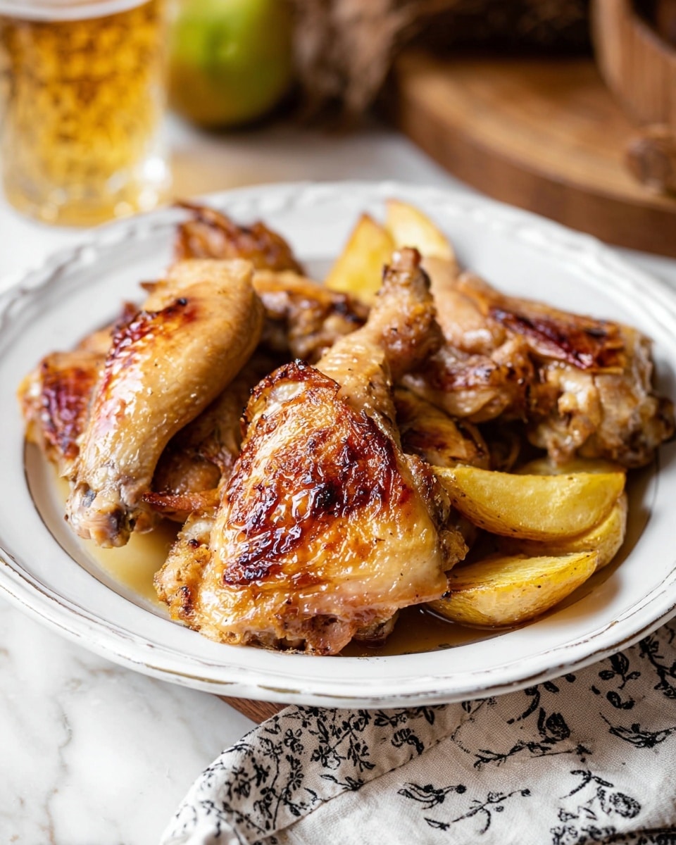 The image shows a white plate with five pieces of cooked chicken on it. The chicken pieces are golden brown with crispy skin, showing a mix of light and darker brown areas, some caramelized spots, and a slightly shiny texture from the cooking juices. Underneath and between the chicken pieces, there are a few yellow roasted potato wedges with a slightly browned surface. The plate is placed on a white marbled surface, with a light cloth with black patterns partly visible underneath. In the background, there is a blurry glass of light beer and a brown wooden board, creating a warm and casual setting. Photo taken with an iphone --ar 4:5 --v 7