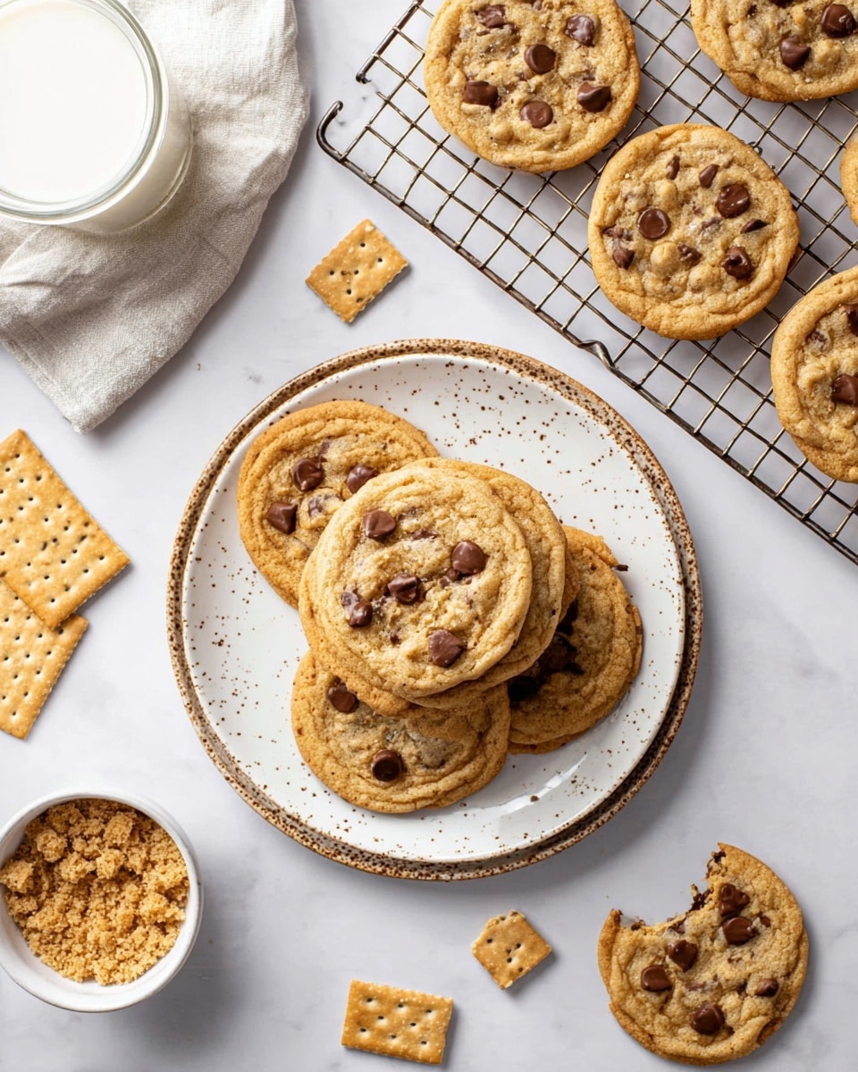 A group of soft, golden brown chocolate chip cookies is shown, with five cookies stacked on a white plate with speckled brown edges in the center-bottom of the image. One cookie on the plate has a bite taken out of it, revealing a oozy, chewy inside with dark chocolate chips scattered throughout. Additional cookies are placed on a wire rack at the upper right and directly on the white marbled surface around the plate. Two rectangular light golden graham crackers lie near the plate. A small white bowl filled with crushed graham crackers is at the top left, and a glass of milk with a light creamy tone is positioned at the bottom left, completing the cozy snack setup. Photo taken with an iphone --ar 4:5 --v 7
