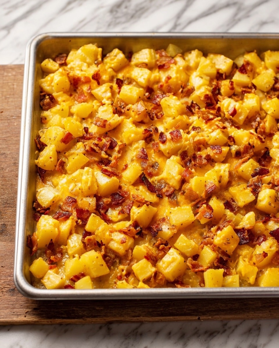 The image shows a baking tray filled with a mix of diced yellow potatoes and browned bits of bacon, all covered in melted, golden cheese. The potatoes are cut into small, even cubes and spread evenly across the tray, creating a textured surface with bits of crisped bacon scattered throughout. The cheese binds the ingredients together, giving the dish a slightly glossy look with some browned edges. The tray rests on a surface with a white marbled texture. photo taken with an iphone --ar 4:5 --v 7